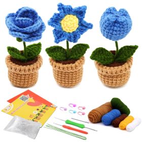 Crocheted Material Package Wool Crocheted Handmade Potted Flowers (Option: Small Blue Flowers 3-Material Package English Video)