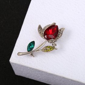 Three-dimensional Rose Flower Rhindiamond-style Brooch Anti-glitter Buckle French Accessories (Option: Platinum Red Rose 1.7x5.5cm)
