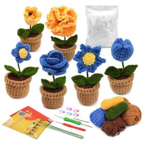 Crocheted Material Package Wool Crocheted Handmade Potted Flowers (Option: Small Blue Flowers 6-Material Package English Video)