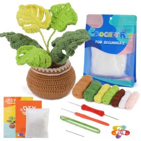 Crocheted Material Package Wool Crocheted Handmade Potted Flowers (Option: Monstera Deliciosa-Material Package English Video)