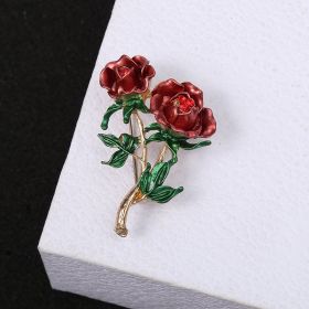 Three-dimensional Rose Flower Rhindiamond-style Brooch Anti-glitter Buckle French Accessories (Option: Green Leaf Red Rose 1.7x5.5cm)