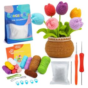 Crocheted Material Package Wool Crocheted Handmade Potted Flowers (Option: Colorful Tulip-Material Package English Video)