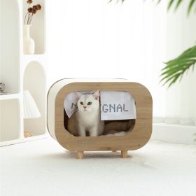 Classic Wooden TV-Shaped Cat Bed; Cat House with Cushion; White (Color: Warm Grey)
