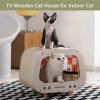 Classic Wooden TV-Shaped Cat Bed; Cat House with Cushion; White