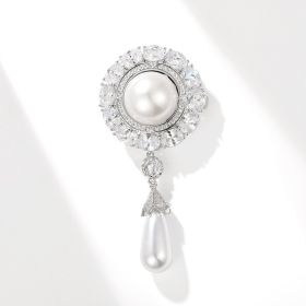High-end Palace Style Zircon Brooch Round Water Drop Shell Pearls Temperament Clothing Accessories Pin (Option: Silver White)