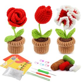 Crocheted Material Package Wool Crocheted Handmade Potted Flowers (Option: Red Small Flower 3-Material Package English Video)
